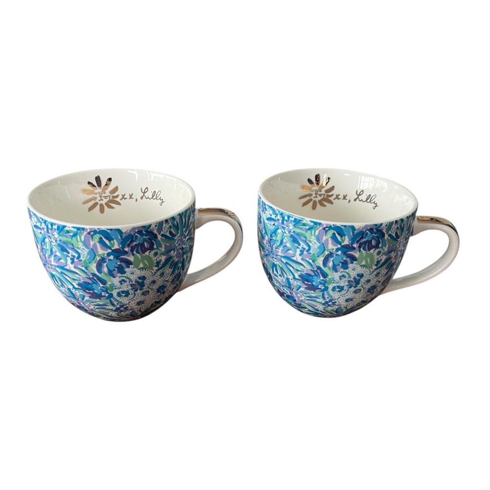Lilly Pulitzer Mugs 2 Cups Blue White Floral Gold Logo Ceramic Coffee Tea Gifts - Picture 4 of 11